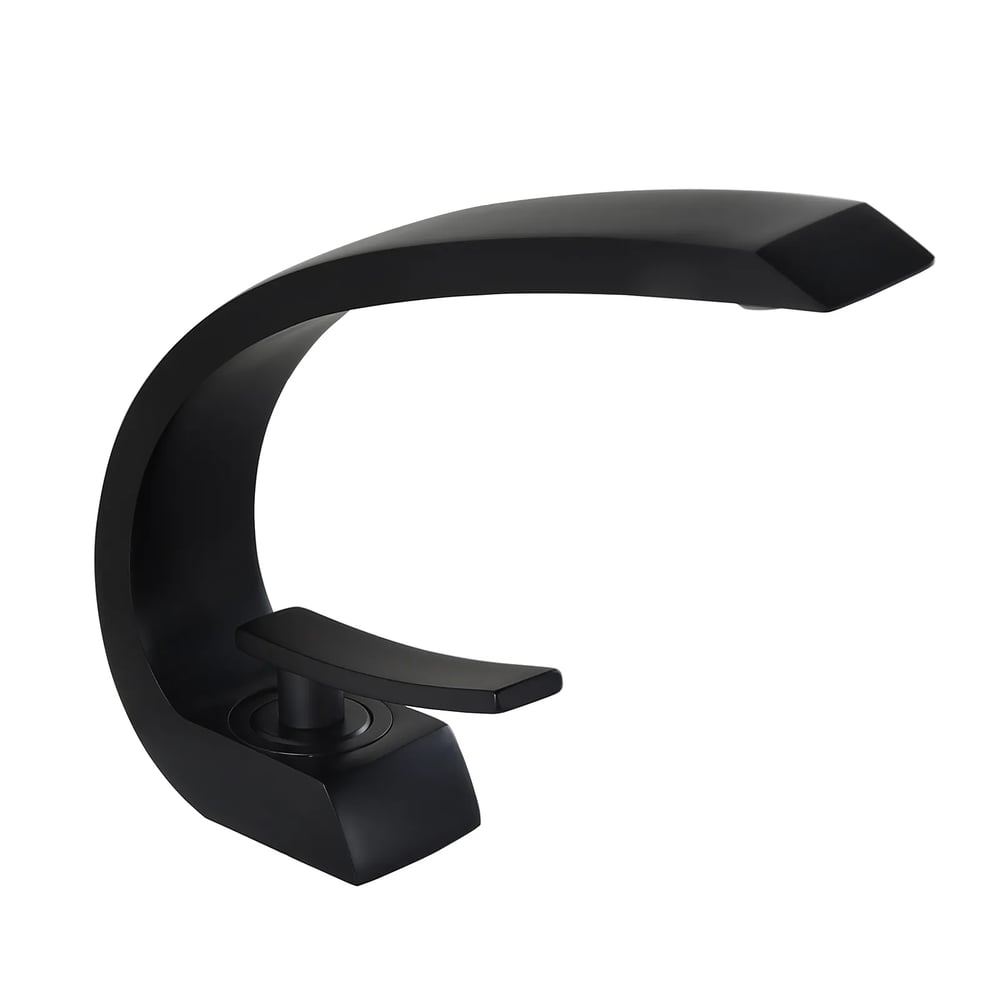 Modern Single Hole 1-Handle C-Shaped Curved Spout Bathroom Sink Faucet with Pop Up Drain in Matte Black