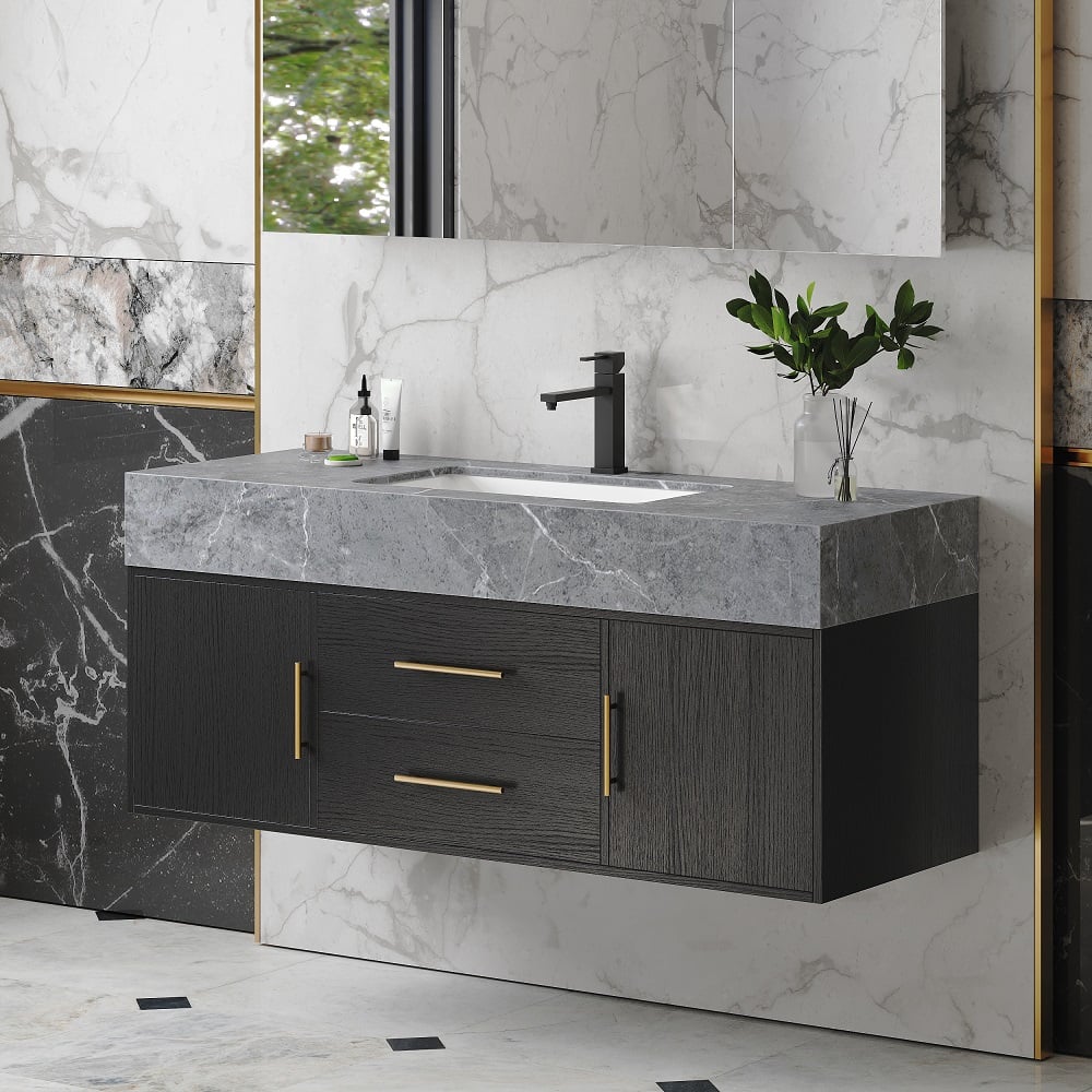 Modern 39" Black Floating Single Bathroom Vanity with Sintered Stone Top and Sink