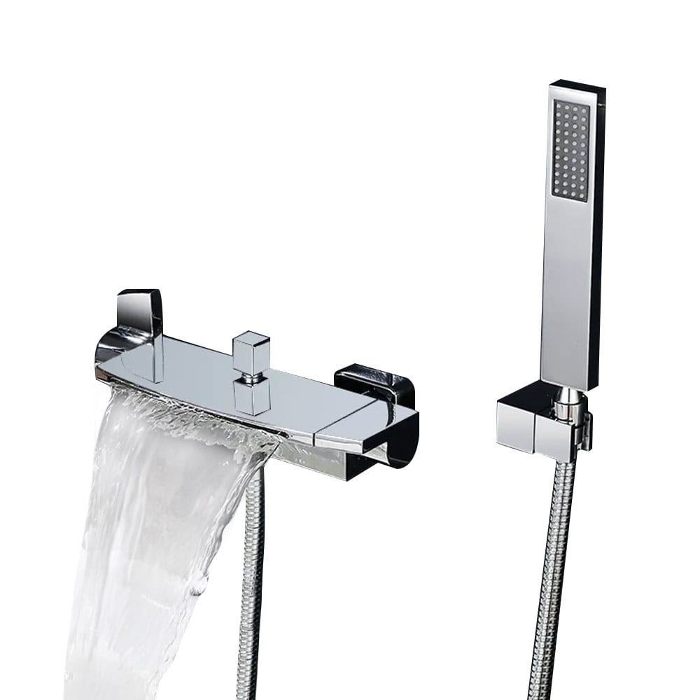 Contemporary Wall Mount Waterfall 2-Handle Chrome Bathtub Filler Faucet with Hand Shower