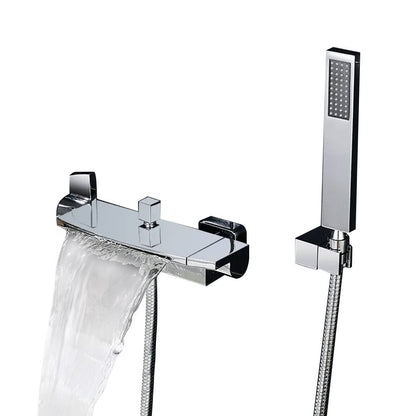 Contemporary Wall Mount Waterfall 2-Handle Chrome Bathtub Filler Faucet with Hand Shower