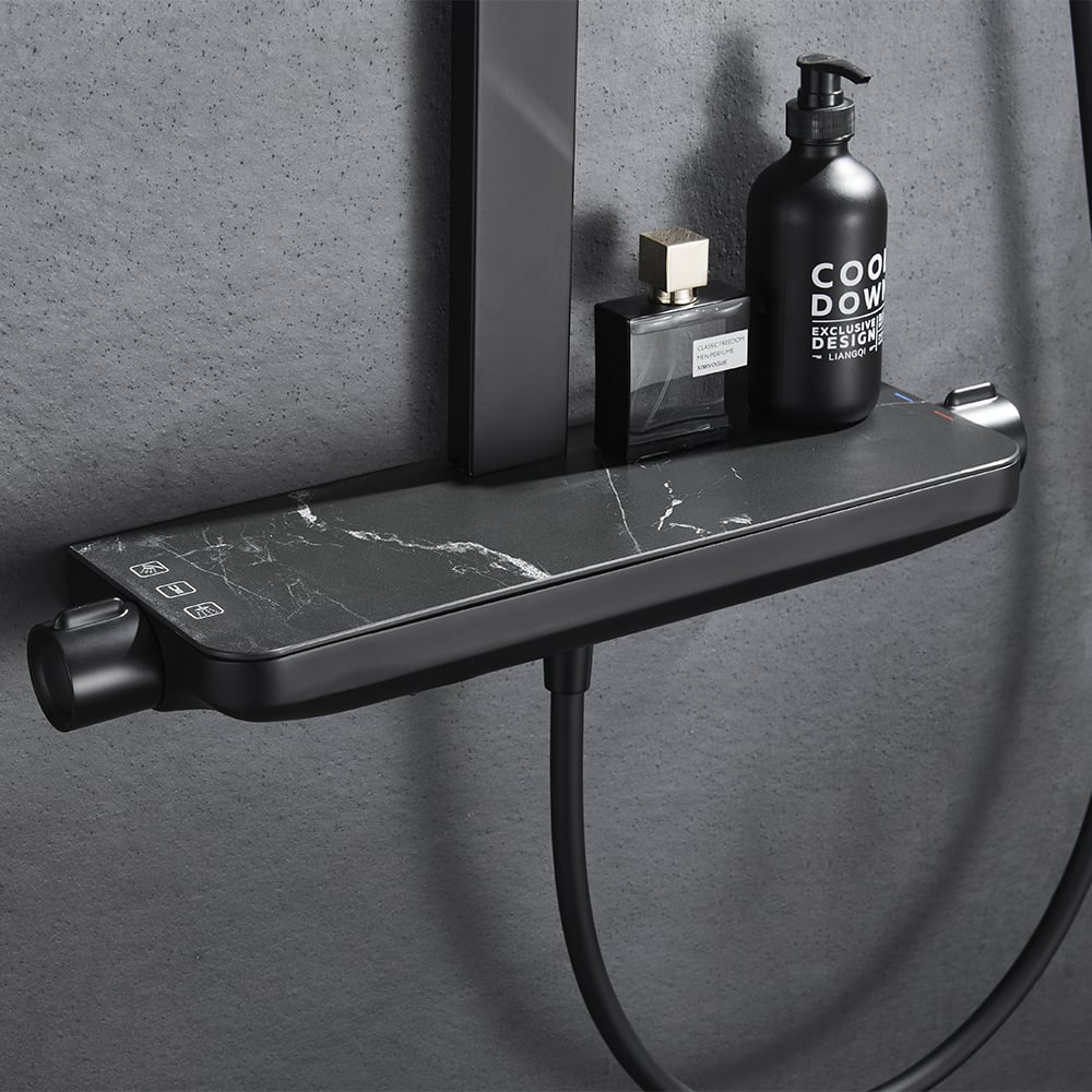 Black Exposed Rainfall Shower System with Handshower & Stone Rack Solid Brass