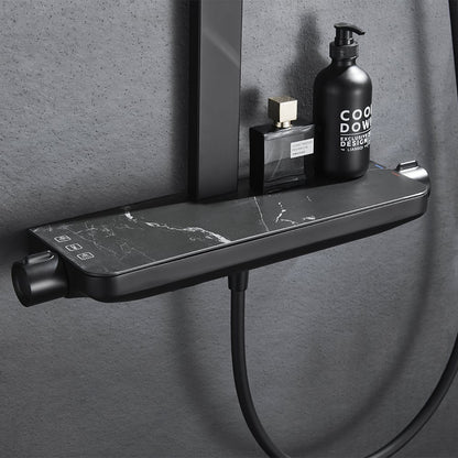 Black Exposed Rainfall Shower System with Handshower & Stone Rack Solid Brass