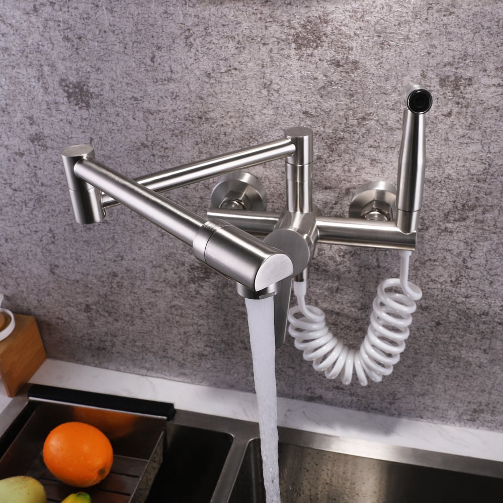 Modern Retractable Wall-mounted Pot Filler Brushed Nickel Kitchen Faucet with Spray
