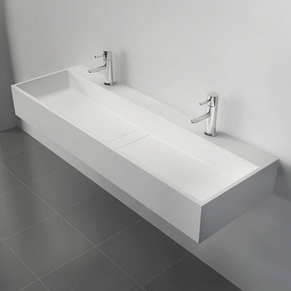 47 Inch Wall-Mount Double Sink Stone Resin Matte White Floating Trough Bathroom Sink
