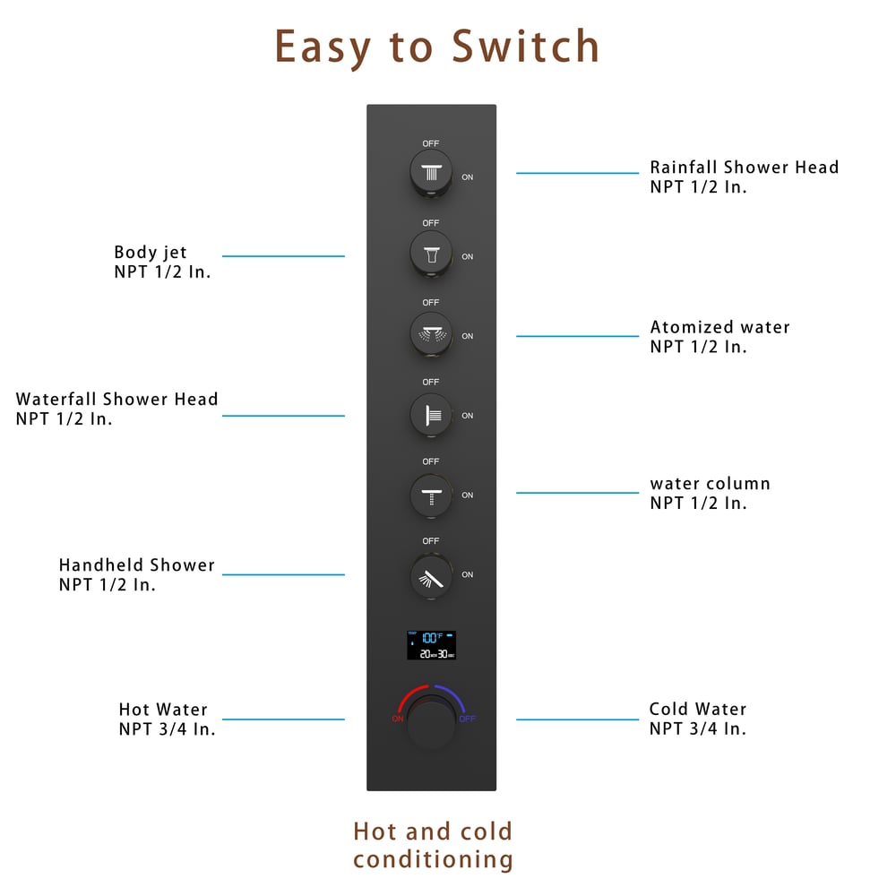 35" Wall-Mounted Intelligent Bluetooth Shower System with Multi-nozzle