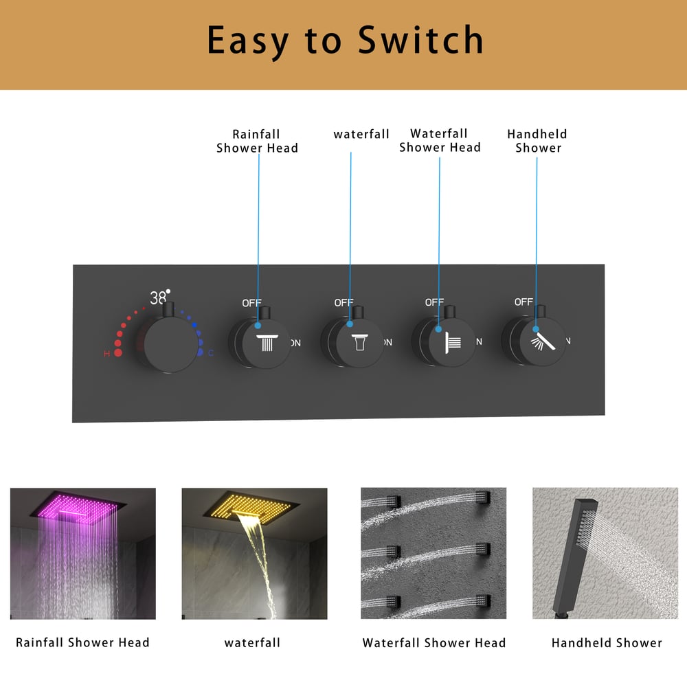 Wall-Mounted 16" Shower System in Black 4 Function Thermostatic