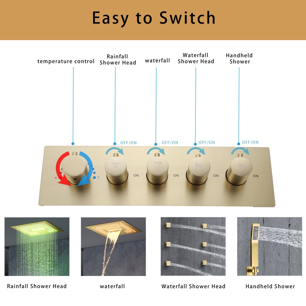 Ceiling-Mounted 16" Shower System in Brushed Gold 4-Function Thermostatic