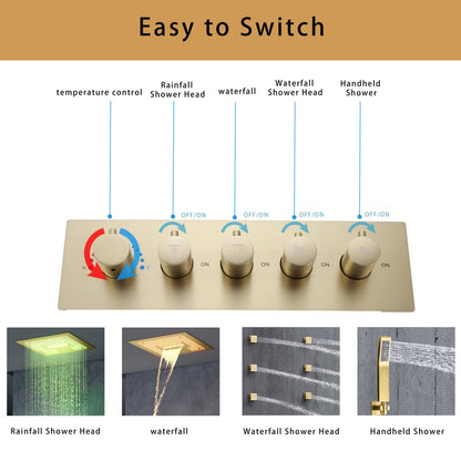 Ceiling-Mounted 16" Shower System in Brushed Gold 4-Function Thermostatic