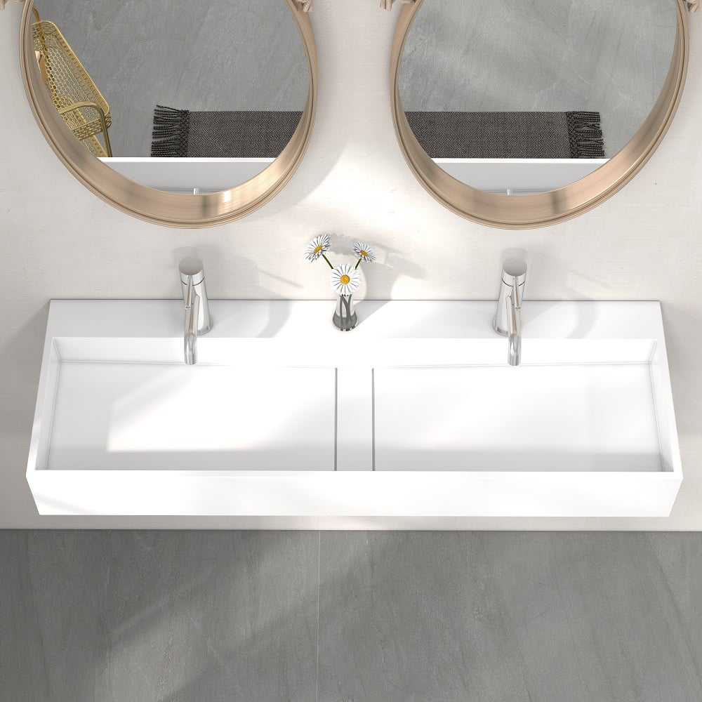 47 Inch Wall-Mount Double Sink Stone Resin Matte White Floating Trough Bathroom Sink