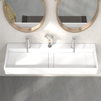 47 Inch Wall-Mount Double Sink Stone Resin Matte White Floating Trough Bathroom Sink