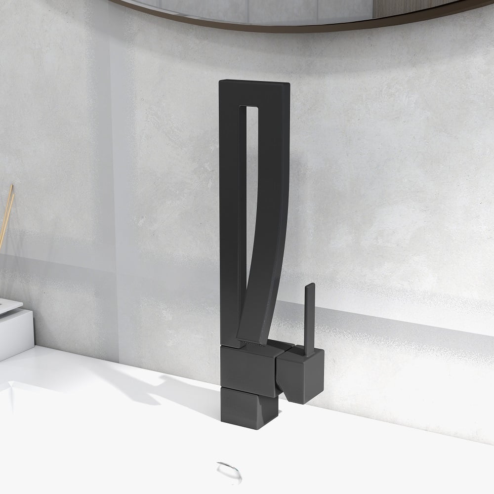 Modern Design Single Handle 1-Hole Black Bathroom Sink Faucet with Waterfall Spout Brass