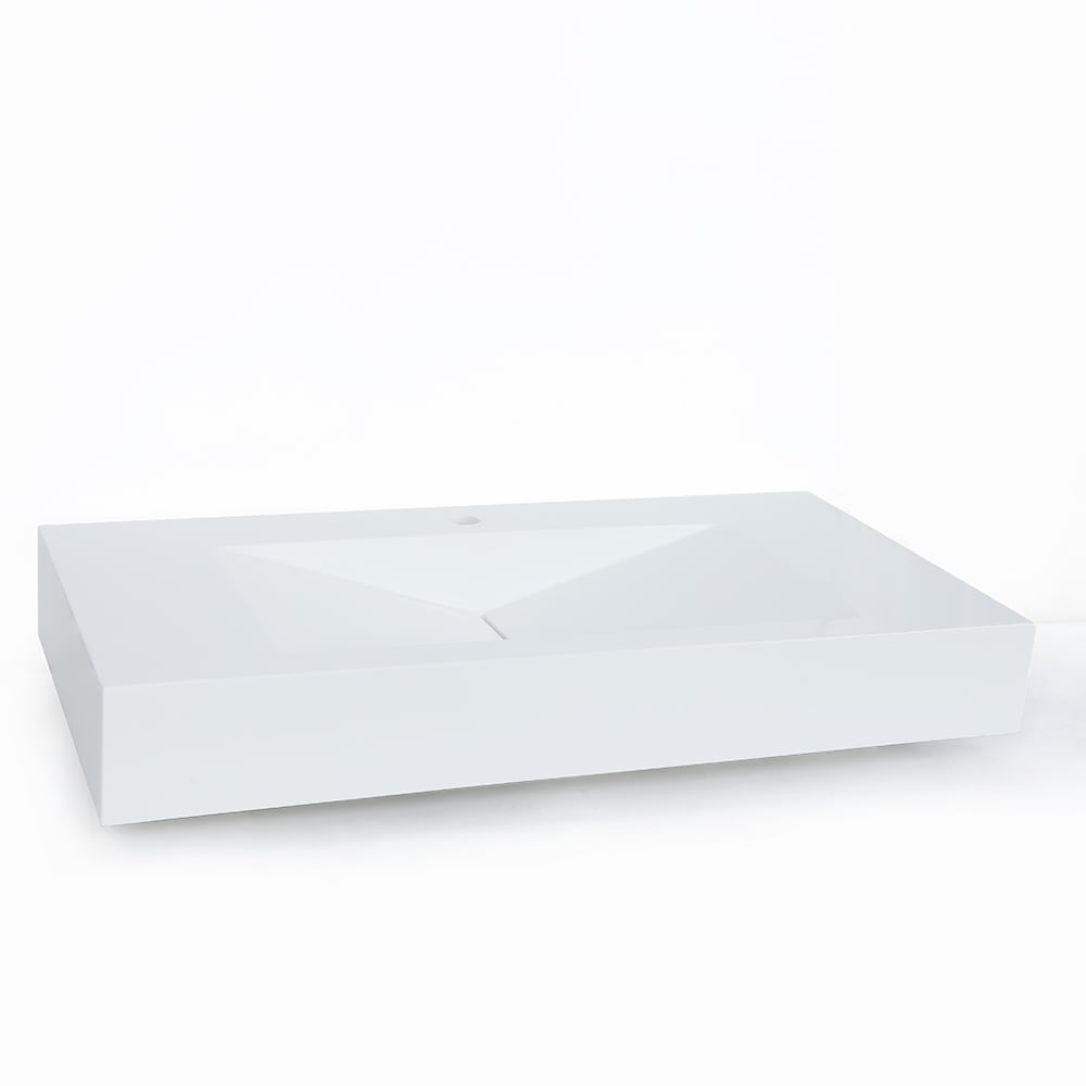 Glossy White Wall-Mount Floating Sink Solid Surface Stone Resin Bathroom V-Shaped Sink