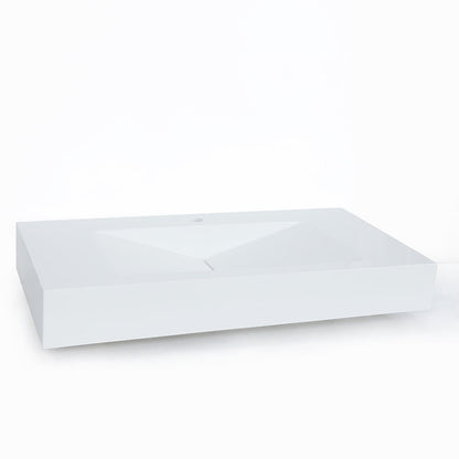 Glossy White Wall-Mount Floating Sink Solid Surface Stone Resin Bathroom V-Shaped Sink