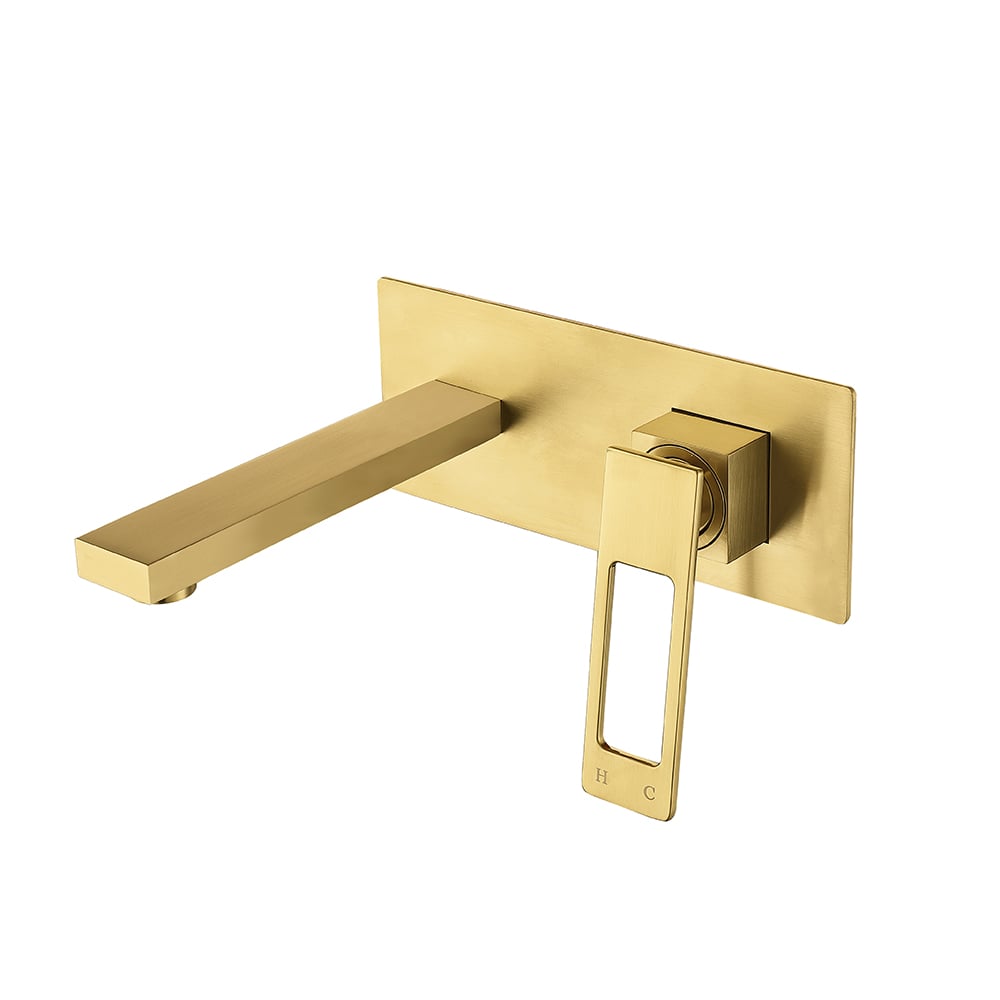 Modern Brushed Gold Wall Mount Bathroom Sink Faucet Solid Brass