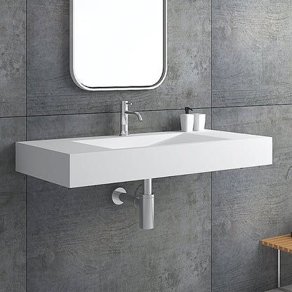Matte White Wall-Mount Floating Sink Solid Surface Stone Resin Bathroom V-Shaped Sink
