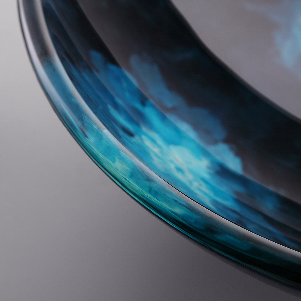 Dark Blue Tempered Glass Circular Vessel Sink Waterfall Faucet Set Pop-Up Drain Included