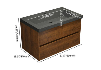Bathroom Vanity Set 31.5" Modern Floating Concrete Bathroom Vanity Walnut with Sink