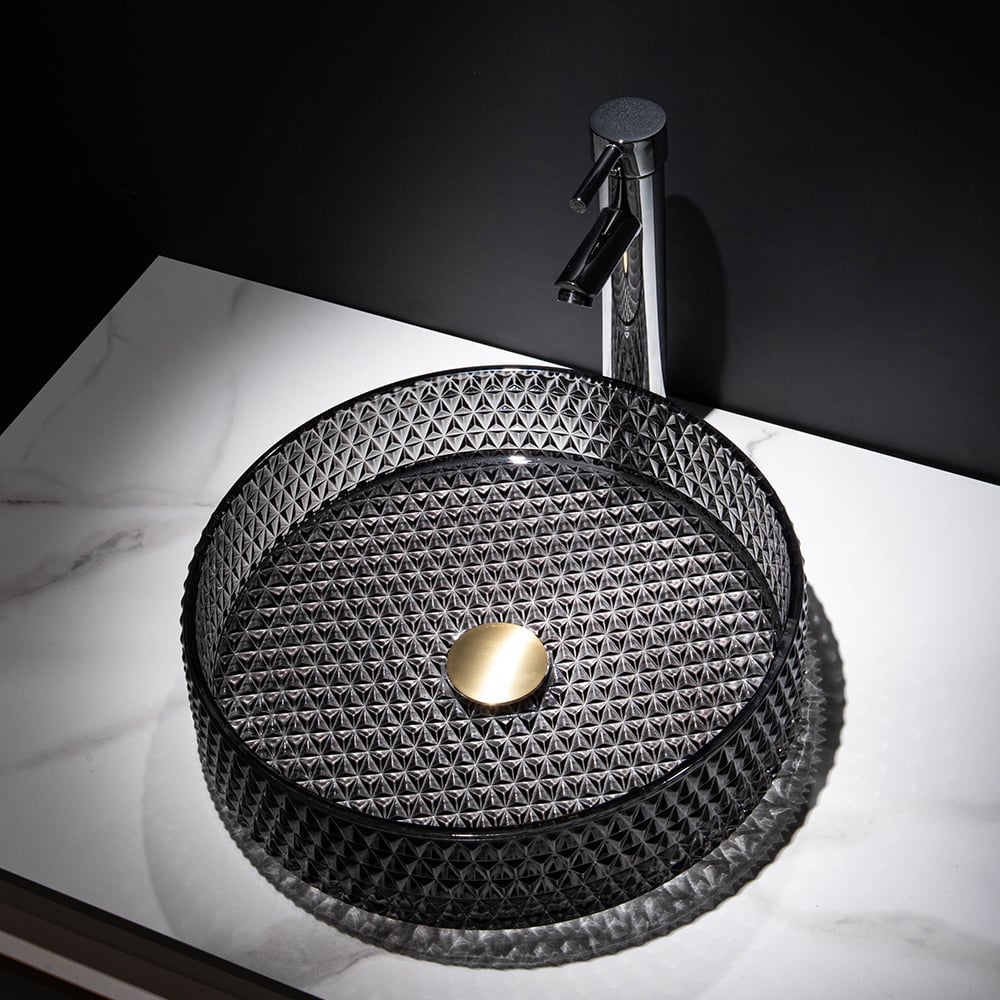 15" Vessel Transparent Diamond Shaped Crystal Glass Bathroom Wash Sink in Black