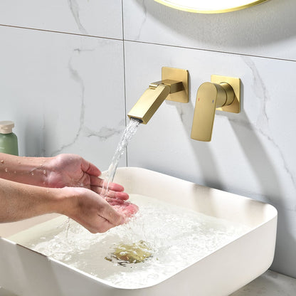 Brushed Gold Waterfall Bathroom Sink Faucet with Swirling Spout Wall-Mounted Solid Brass
