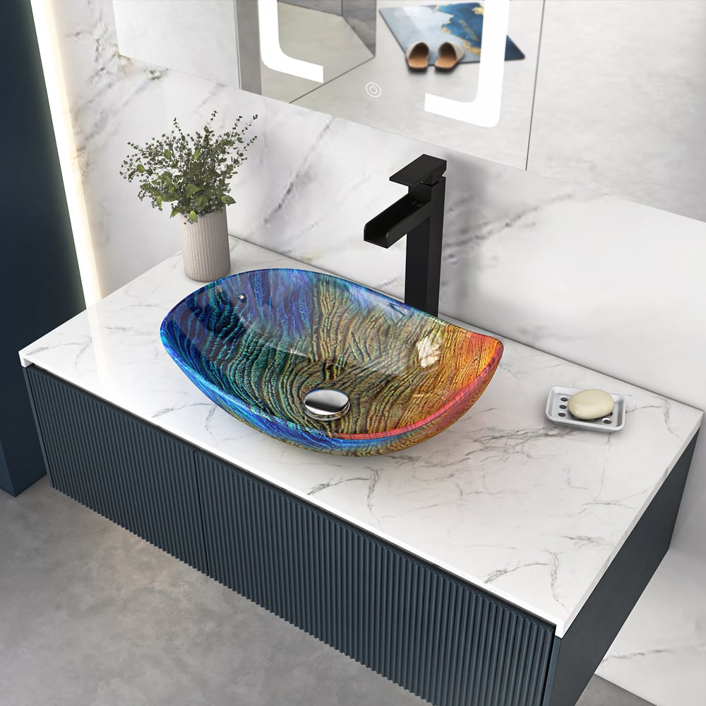Tempered Glass Multicolor Teardrop-Shaped Bathroom Vessel Sink Wash Sink