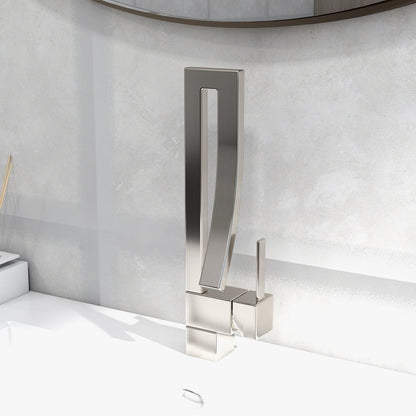 Modern Single Handle 1-Hole Brushed Nickel Bathroom Sink Faucet Waterfall Spout Brass