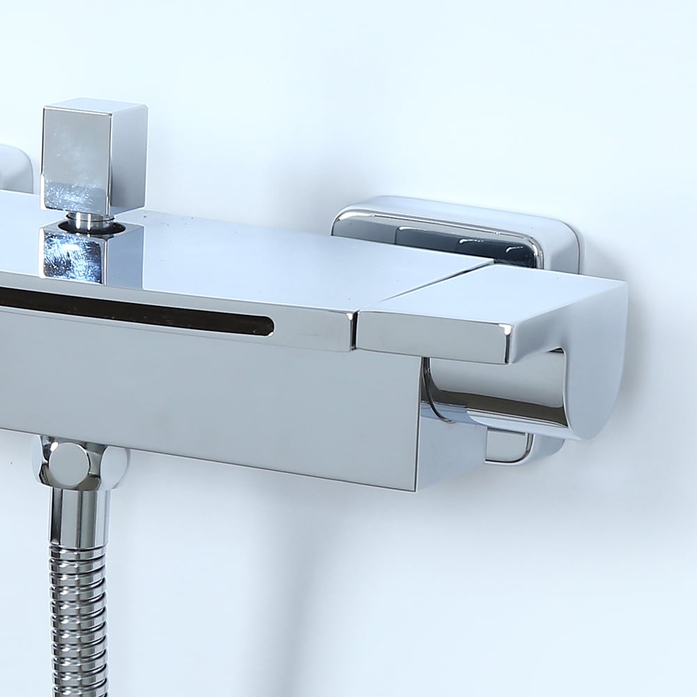 Contemporary Wall Mount Waterfall 2-Handle Chrome Bathtub Filler Faucet with Hand Shower