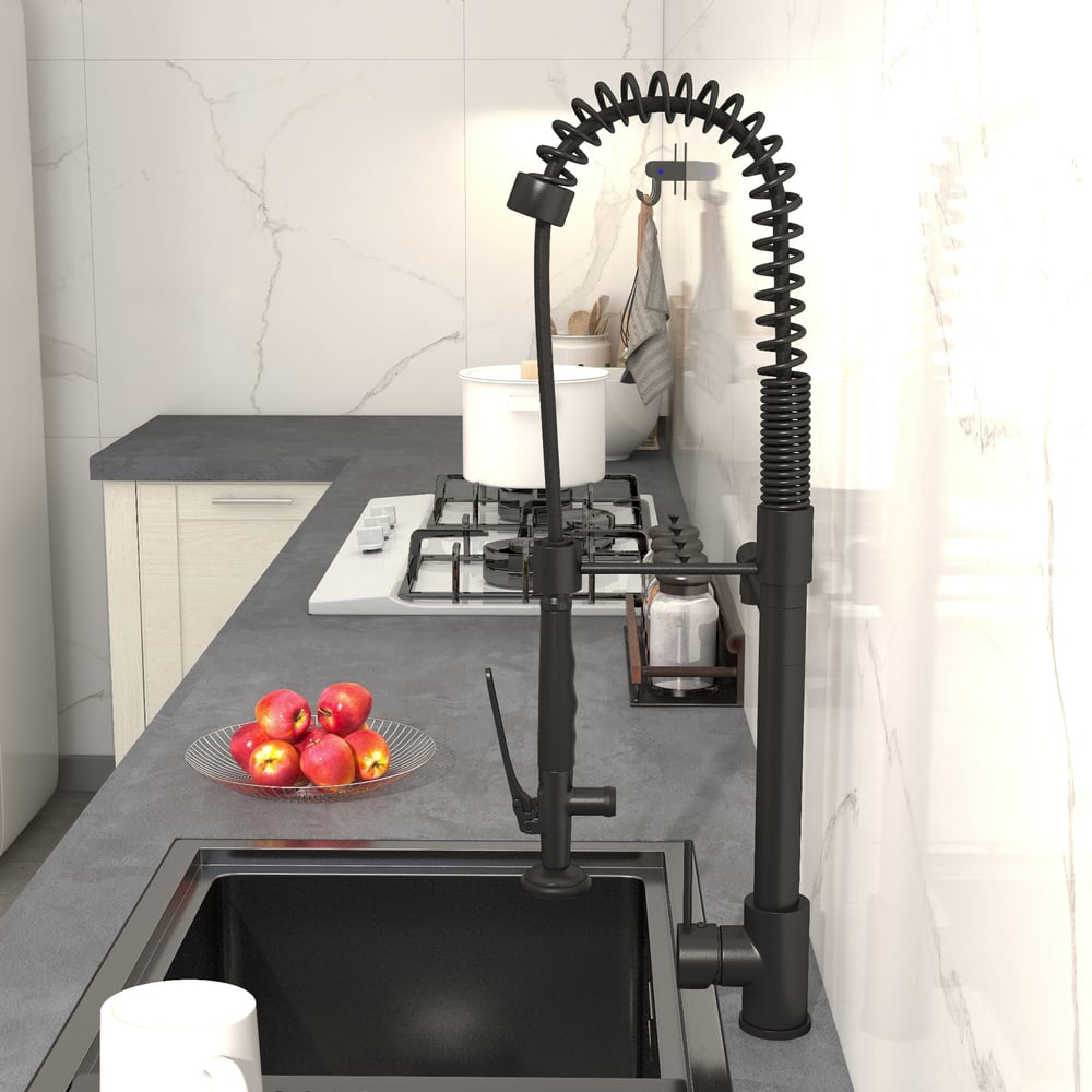 Commercial Pull Down Pre-rinse Spring Sprayer Matte Black Kitchen Sink Faucet with Deck Plate Solid Brass