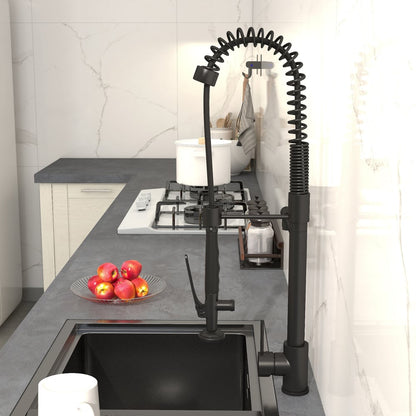 Commercial Pull Down Pre-rinse Spring Sprayer Matte Black Kitchen Sink Faucet with Deck Plate Solid Brass