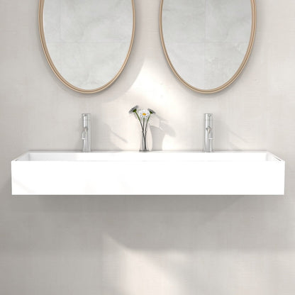 47 Inch Wall-Mount Double Sink Stone Resin Matte White Floating Trough Bathroom Sink