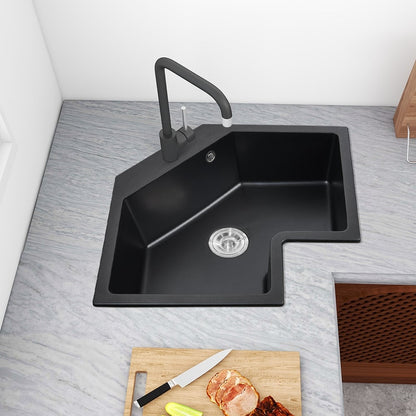 25" Black Drop In Corner Kitchen Sink Modern Single Bowl Quartz Irregular Sink