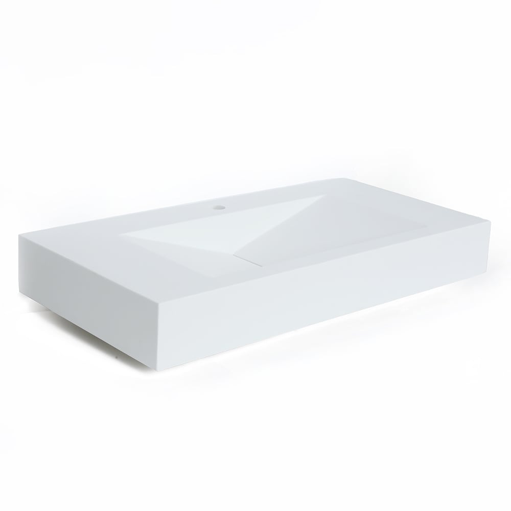 Matte White Wall-Mount Floating Sink Solid Surface Stone Resin Bathroom V-Shaped Sink