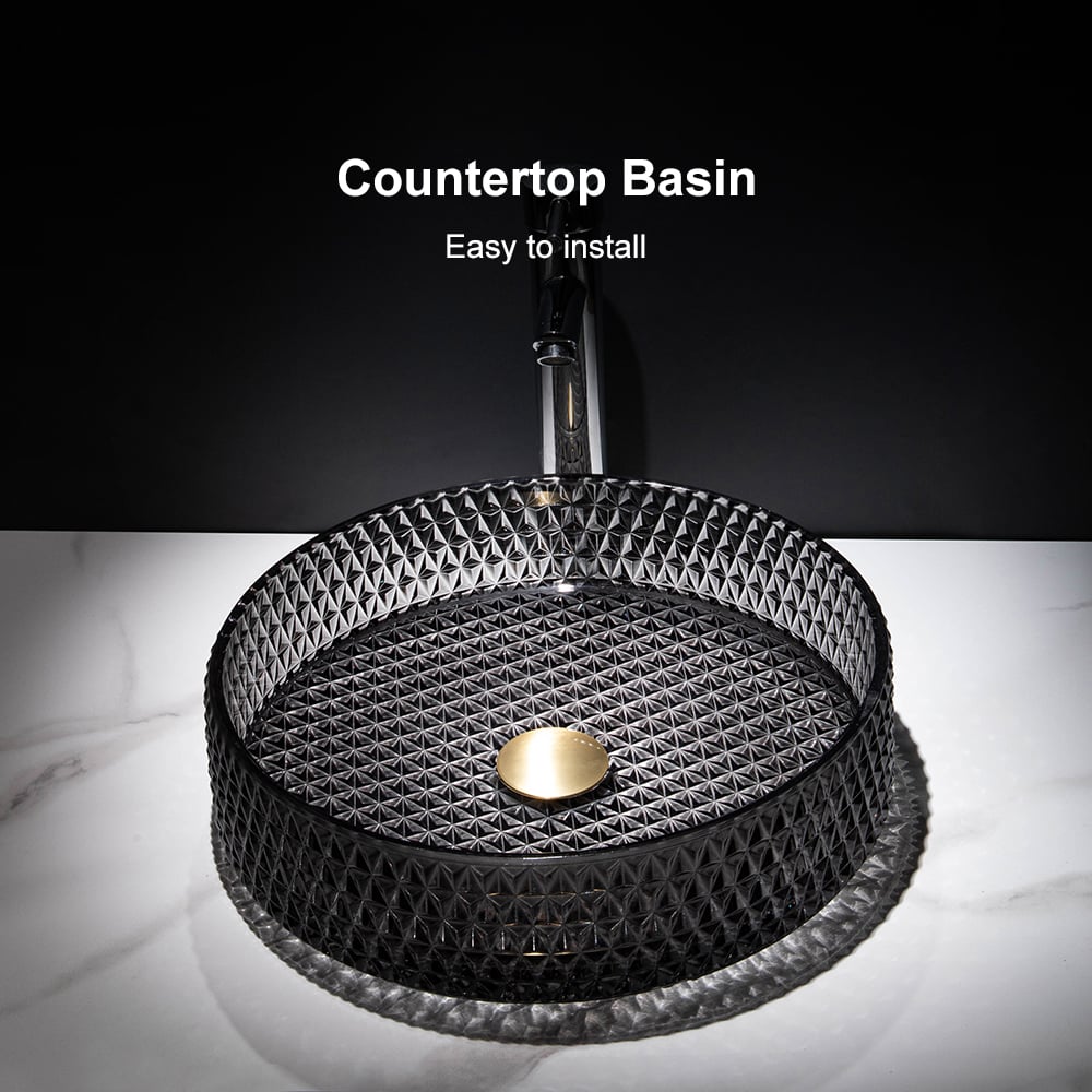 15" Vessel Transparent Diamond Shaped Crystal Glass Bathroom Wash Sink in Black