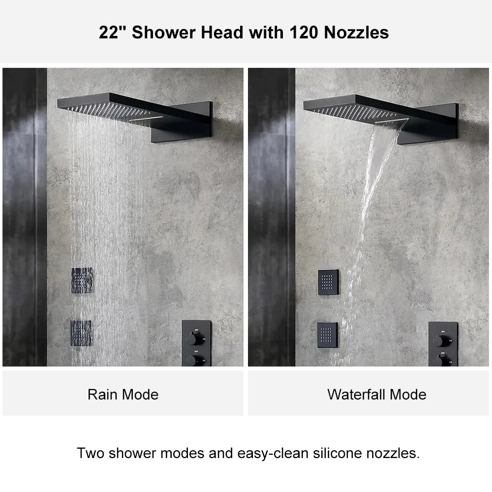 Wall Mounted Waterfall Rain Shower System with 3 Body Sprays in Matte Black Solid Brass