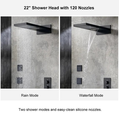 Wall Mounted Waterfall Rain Shower System with 3 Body Sprays in Matte Black Solid Brass