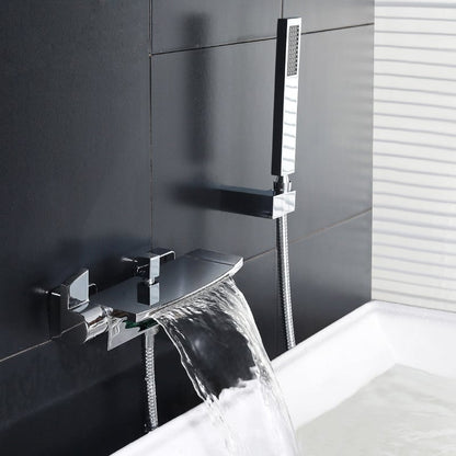 Contemporary Wall Mount Waterfall 2-Handle Chrome Bathtub Filler Faucet with Hand Shower