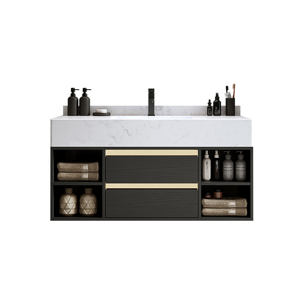 Modern 39.4" Floating Single Bathroom Vanity with Sink in Black, Sintered Stone Top