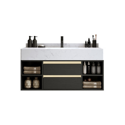 Modern 39.4" Floating Single Bathroom Vanity with Sink in Black, Sintered Stone Top
