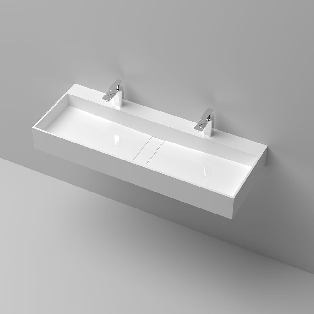 47 Inch Wall-Mount Double Sink Stone Resin Glossy White Floating Trough Bathroom Sink