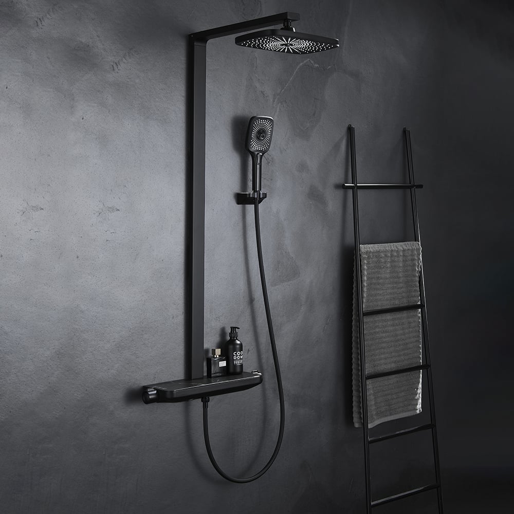 Black Exposed Rainfall Shower System with Handshower & Stone Rack Solid Brass