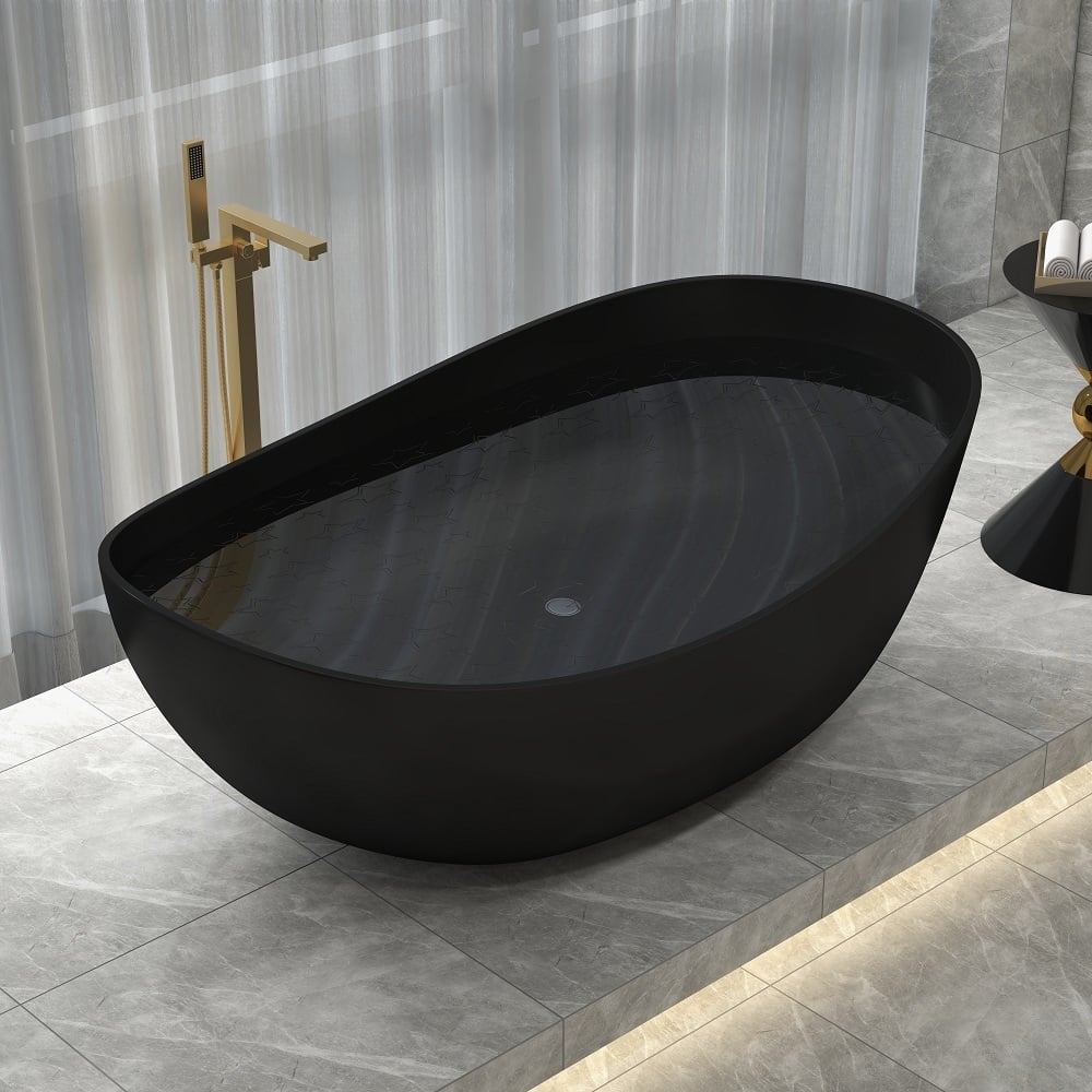 70" Modern Oval Freestanding Stone Resin Soaking Bathtub Black