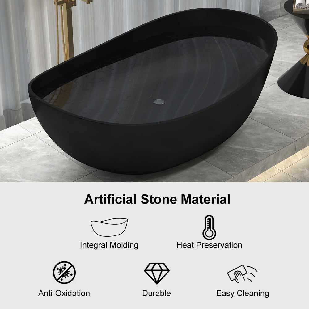 70" Modern Oval Freestanding Stone Resin Soaking Bathtub Black