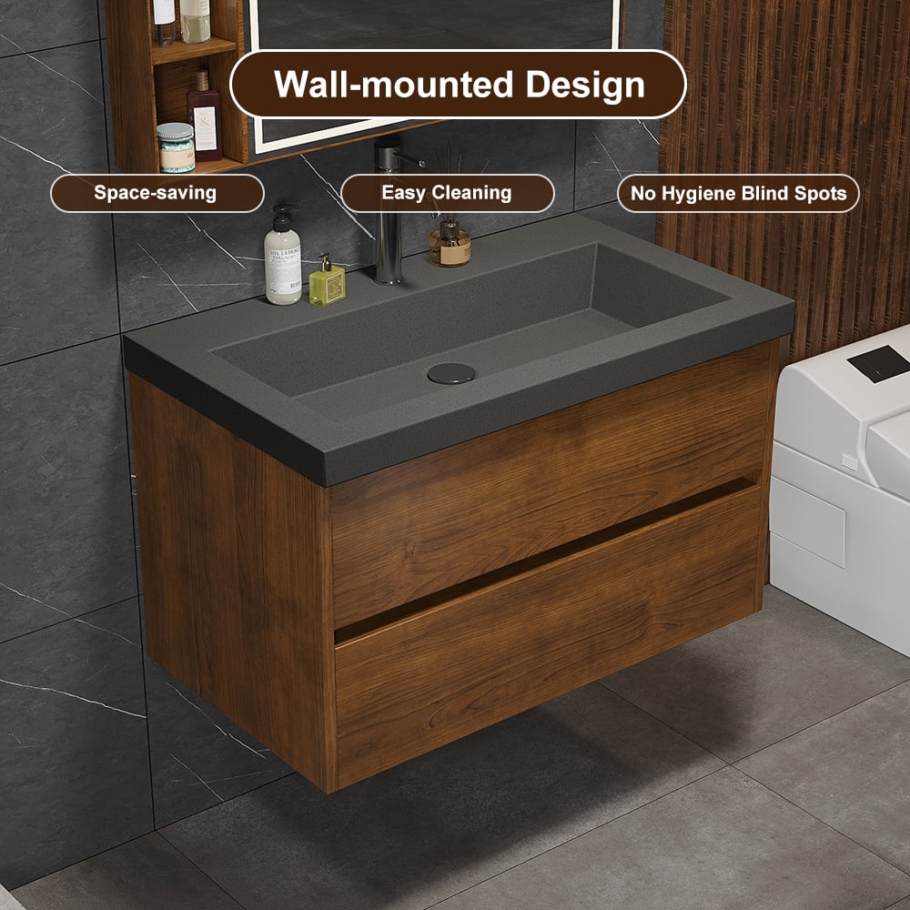 Bathroom Vanity Set 31.5" Modern Floating Concrete Bathroom Vanity Walnut with Sink