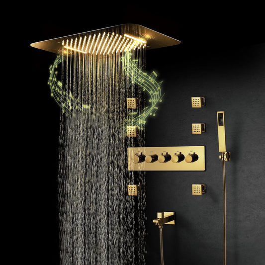 Wall-Mounted Shower System in Gold Thermostatic 4 Functions 23"
