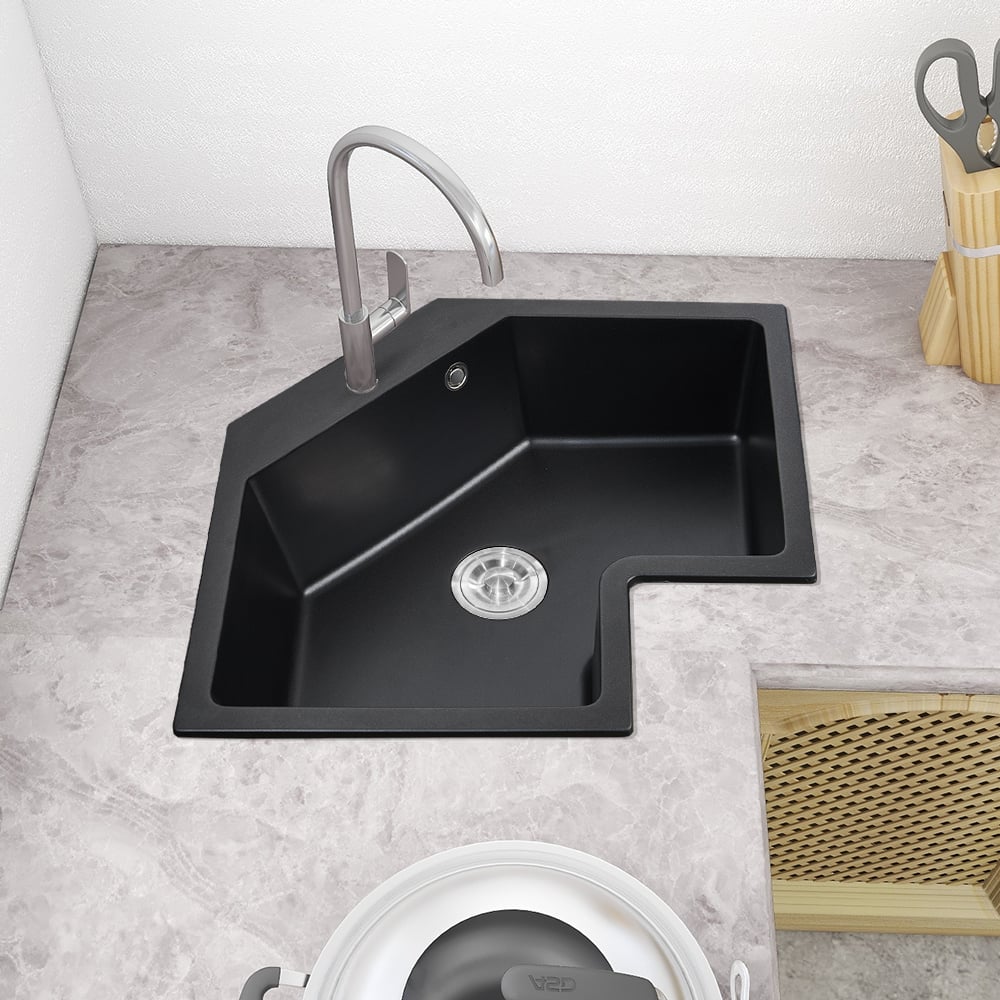 25" Black Drop In Corner Kitchen Sink Modern Single Bowl Quartz Irregular Sink