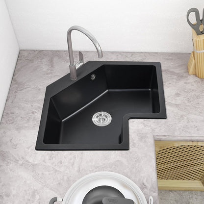 25" Black Drop In Corner Kitchen Sink Modern Single Bowl Quartz Irregular Sink