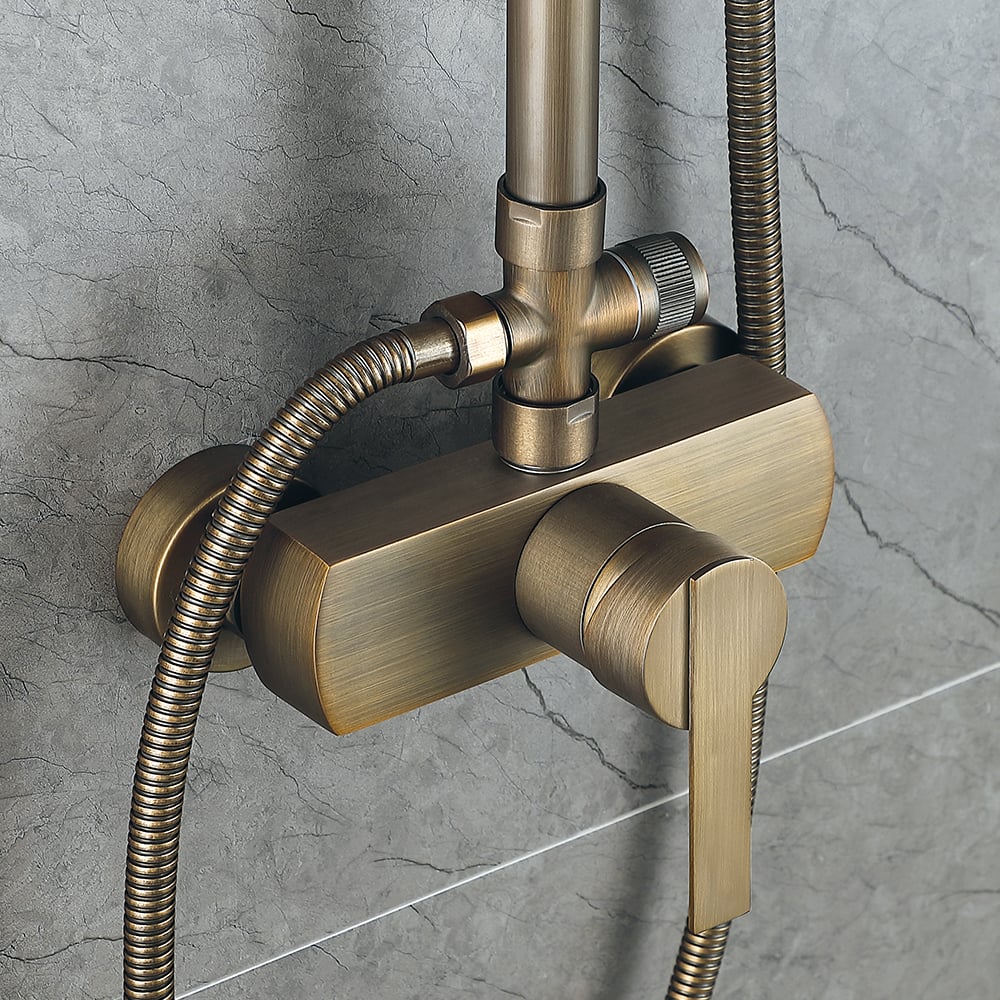 Antique Brass Exposed Wall Mount Shower System with 8" Rain Shower Head and Hand Shower