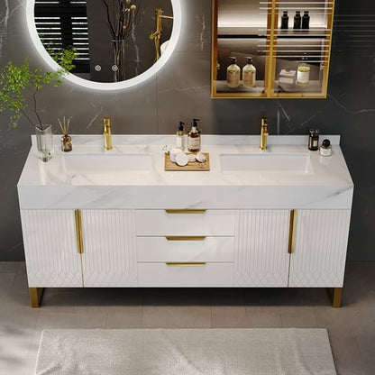 59" Double Sink Freestanding Vanity Set with LED Medicine Cabinet with Storage