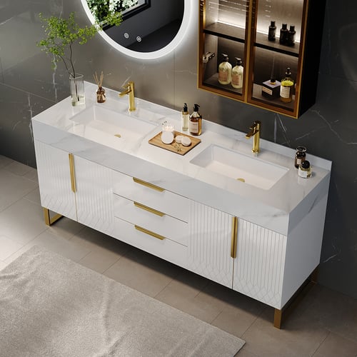 59" Double Sink Freestanding Vanity Set with LED Medicine Cabinet with Storage