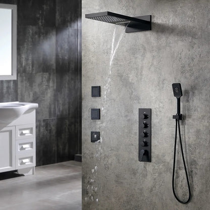 Wall Mounted Waterfall Rain Shower System with 3 Body Sprays in Matte Black Solid Brass
