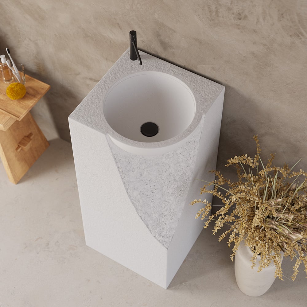 34" Japandi Tall Stone Resin Pedestal Sink with Rounded Basin Freestanding in White